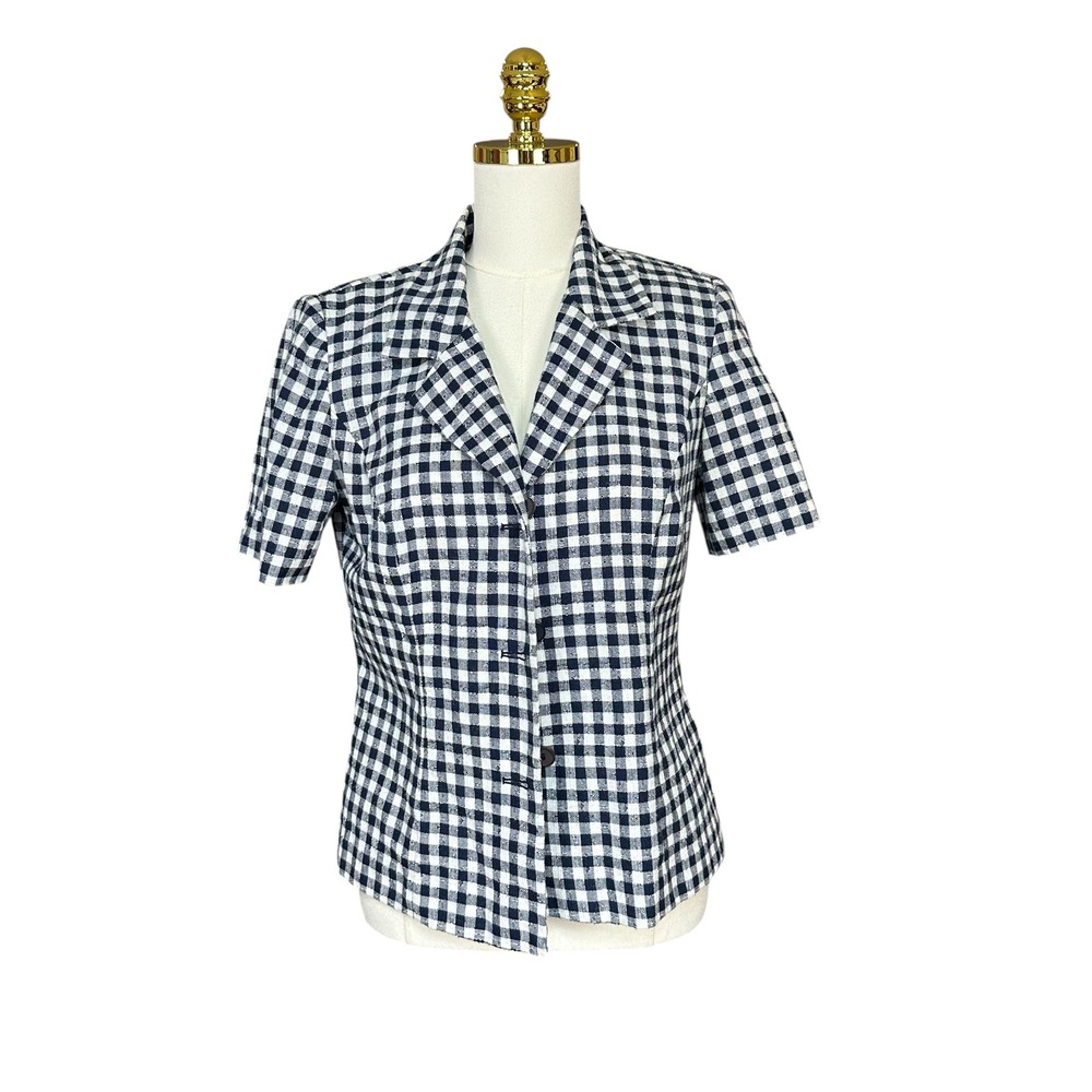 VTG Leslie Fay Haberdashery Navy White Gingham Short Sleeve Button‎ Up Top SZ 8